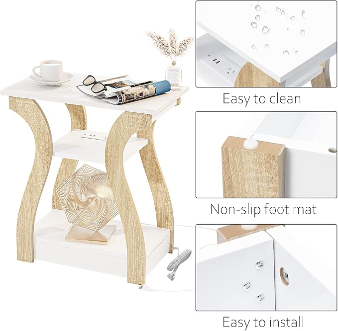 End Table with Charging Station, Side Table with USB Ports and Outlets, Nightstand, 3 Tier End Table with Storage Shelf for Living Room, Bedroom (White)-Ruum Studio Home