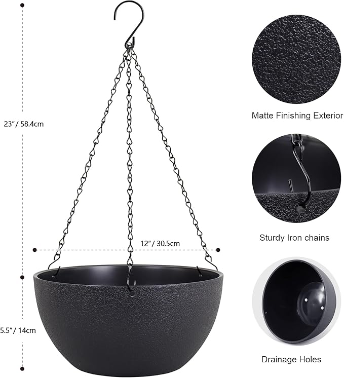 12 inch Large Hanging Planters for Indoor Outdoor Plants, 2 Pack Hanging Flower Pots with Drainage Holes and Chain for Garden Porch Plants, Plastic Hanging Baskets for House Plants, Black-Ruum Studio Home