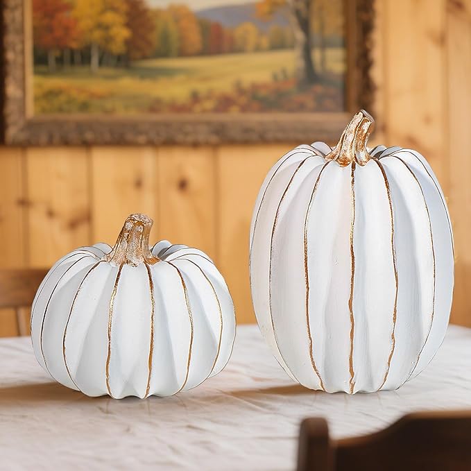2Pcs Halloween Pumpkin Artificial Resin Pumpkins Decor for Mantel Harvest Autumn Tabletop Decoration Gold Fall Pumpkin Decorations Thanksgiving Table Centerpieces (Set C, ONE Size)-Ruum Studio Home