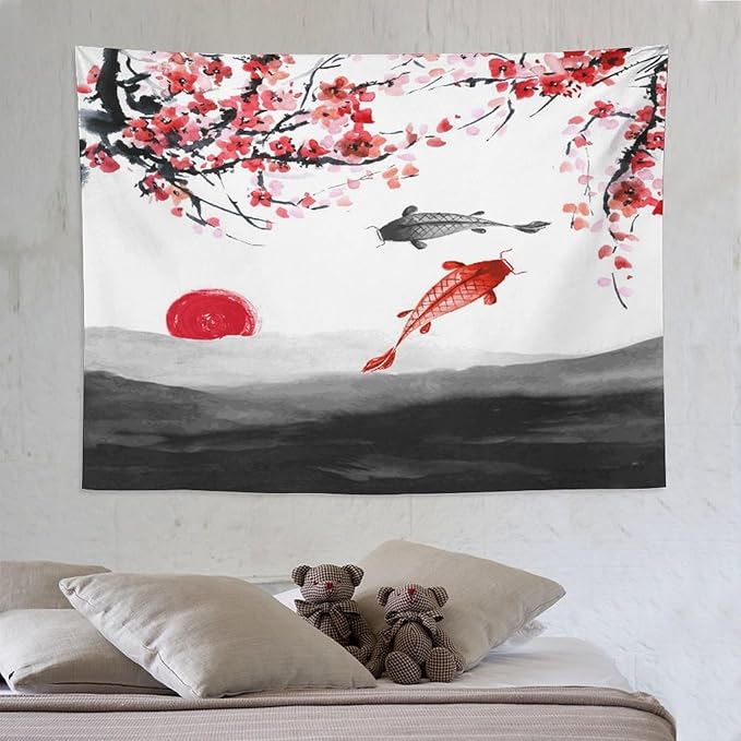 Houselerax Japanese Koi Fish Tapestries, Cherry Blossoms Asian Oriental Flower Branch Koi Fish Carp Tapestry Wall Hanging for Bedroom Living Room Office Decor 80"x60"-Ruum Studio Home