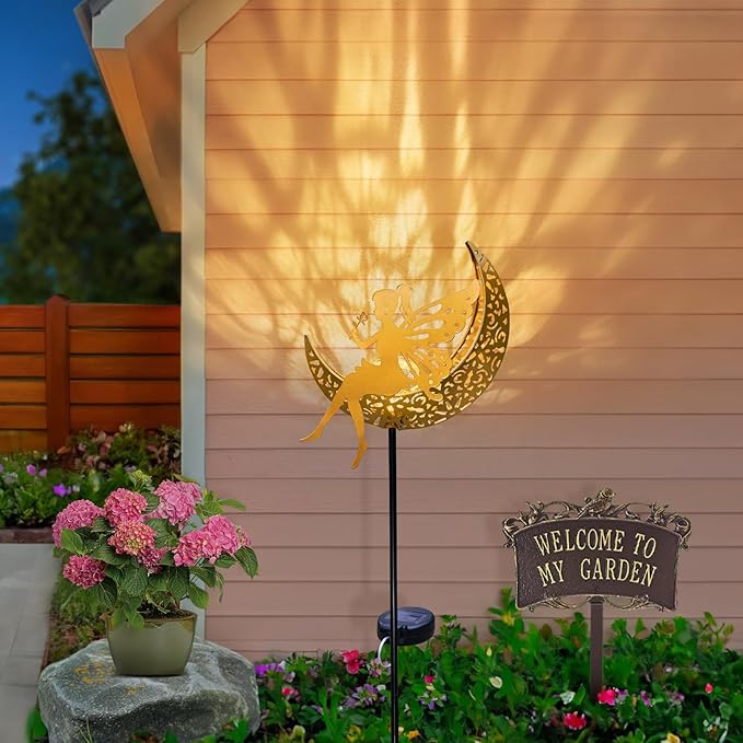 Fairy Moon Solar Lights Outdoor Garden Gifts for Mom Yard Decorations Stakes Lights, Waterproof LED Outside Backard Decor, Lawn Patio Ornaments, Mothers Day Birthday Gifts for Mom (Gold,1Pack)-Ruum Studio Home