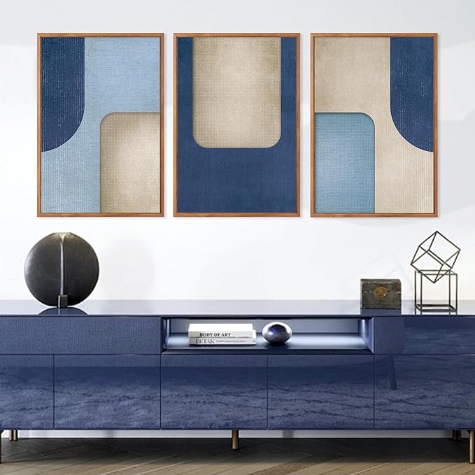 KAIRNE Blue Modern Abstract Canvas Wall Art,Neutral Prints Set of 3(16”X24”),Simple Design Wall Decor,Boho Minimalist Paintings,Blue and White Geometry Pictures for Living Room Bedroom Office Decor-Ruum Studio Home