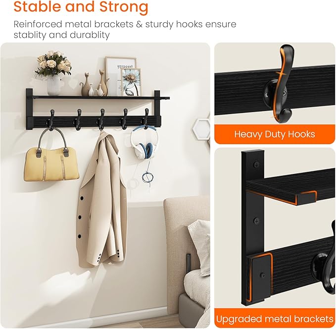 Homode Coat Hanger Wall Mount with Shelf, 29 in Hanging Rack with Storage, Entryway Shelf with Pegs for Hanging Coats, Hats, Towels, Purse, Robes, Black-Ruum Studio Home