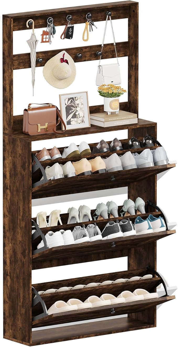 Shoe Cabinet Set 2 with 3 Flip Drawers, Narrow Shoe Cabinet with 9 Hooks Coat Rack, Freestanding Shoes Storage Cabinets with Adjustable Shelves for Entryway, Hallway, Living Room, Rustic Brown-Ruum Studio Home