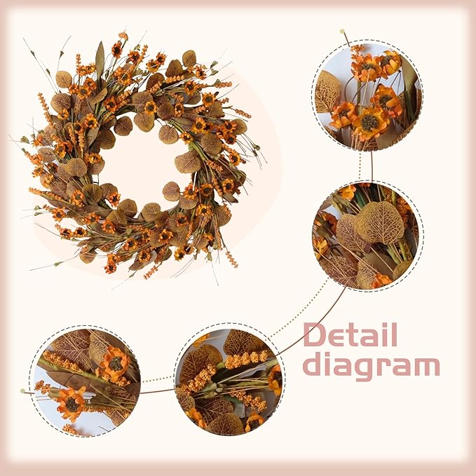 22 Inch Fall Wreath for Front Door Artificial Autumn Wreath with Eucalyptus Leaves Wild Flowers Harvest for Festival Thanksgiving Halloween Farmhouse Wall Home Decor-Ruum Studio Home