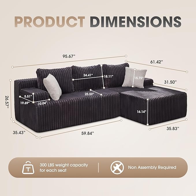 Hobestluk 96” Modular Sectional Sofa Couches L-Shape Couch 3 Seat Modular Sofa Memory Foam Sectional Couches for Living Room, Cloud Couch with Oversized Chaise (Grey, Stripe (Right Facing Chaise))-Ruum Studio Home