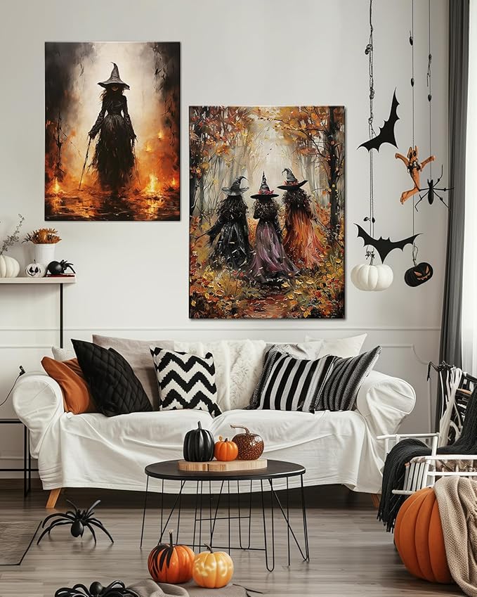 Halloween Canvas Wall Art, Vintage Three Witches Poster, Gothic Dark Academia Wall Decor, Spooky Halloween Decor for Living Room, Bedroom & Bathroom, Framed Fall Decorations Indoor-Ruum Studio Home