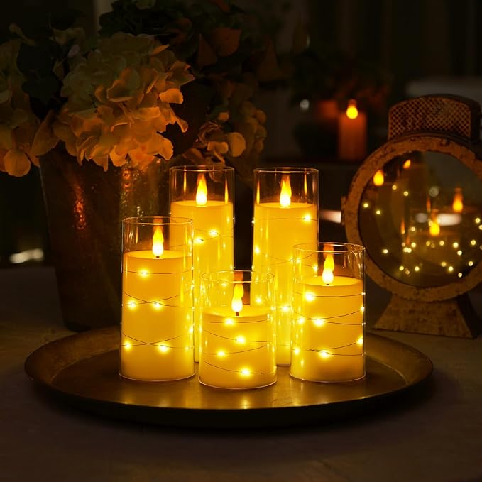 Homemory Pure White Flameless Candles with Embedded Star String Fairy Lights, Battery Operated Candle, LED Candles, Fake Candles with Remote Control and Timer, Set of 5(H4 5" 6" 8" 8")-Ruum Studio Home