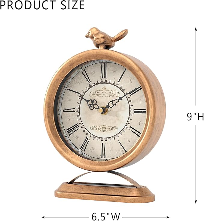 Vintage Table Clock with Bird, European Antique Style Gold Mantel Clocks, Desk and Shelf Decor Clock, for Farmhouse, Bedside, Living Room, Bedroom, Gift (9" H x 6.5" W)-Ruum Studio Home