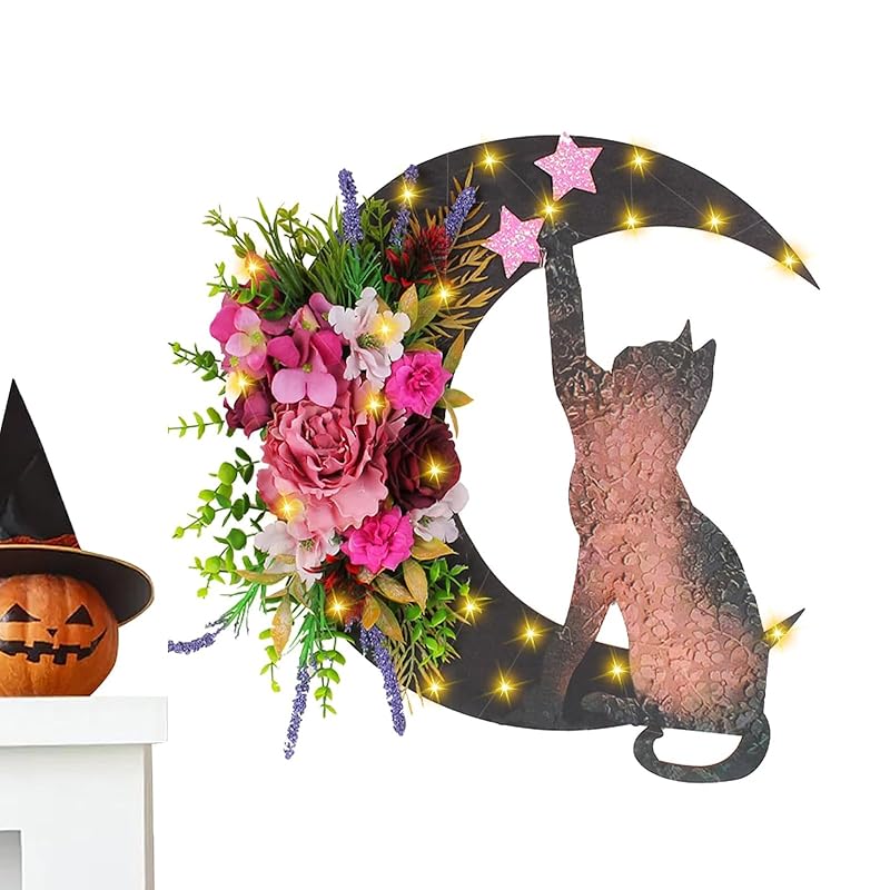 Halloween Wreaths for Front Door with Light, Black Cat Crescent Moon Wreath, Cute Cat Garland Halloween Door Decorations for Outdoor Indoor Decor Wall Window Home Party-Ruum Studio Home