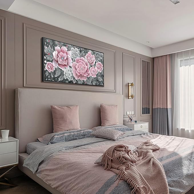 Large Pink Wall Art for Living Room- Pink and Black Peony Floral Canvas Wall Art Modern Framed Moody Black and White Wall Picture Flower Artwork Decor for Bedroom Dining Room Office 48x24-Ruum Studio Home