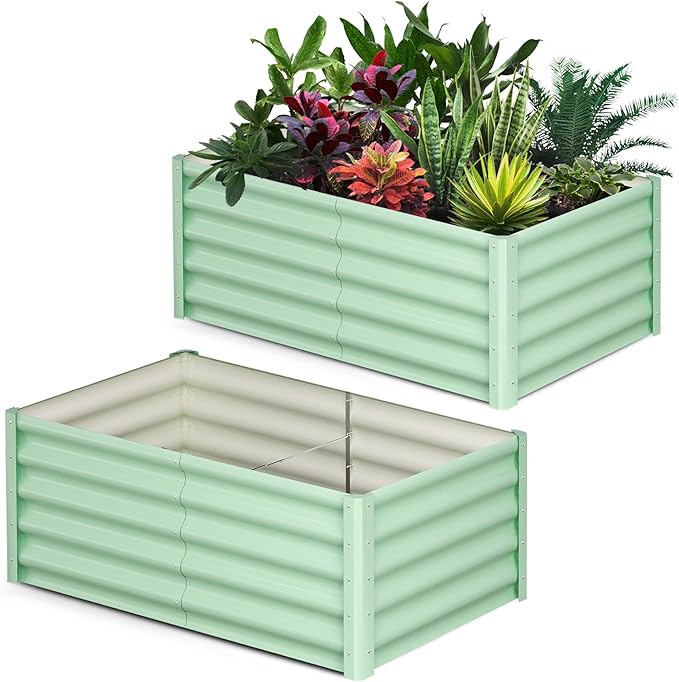 Galvanized Raised Garden Bed Outdoor, 2 Pcs 6x3x1.5FT Outdoor Large Planter Raised Beds Open Base with Safety Edge and Glove for Vegetables Flowers Ground Planter, Green-Ruum Studio Home