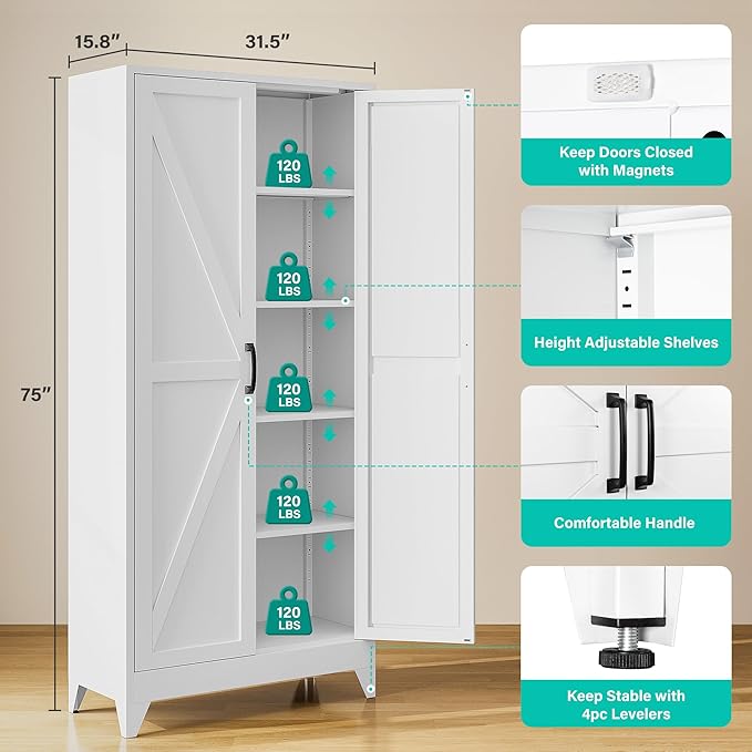75" Tall Pantry Cabinet,Farmhouse Kitchen Pantry Storage Cabinets with 2 Doors and 5 Shelves,White Metal Storage Cabinet,Large Cupboard for Home,Kitchen,Dining/Living Room-Ruum Studio Home