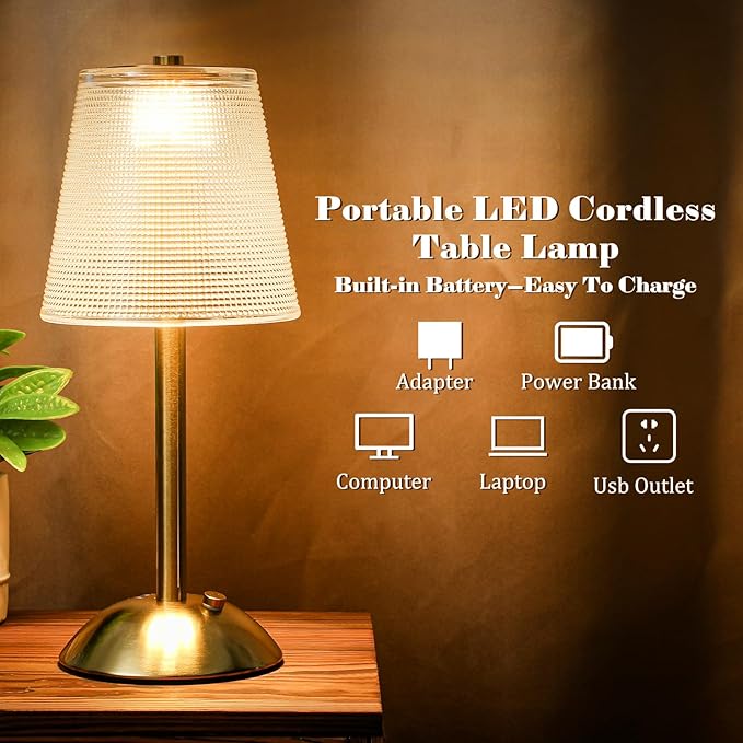 Liliful 2 Pcs LED Portable Cordless Table Lamp Touch Battery Operated Rechargeable Desk Lamp 3 Color Dimmable for Bedroom Living Room Dining (Retro Style,Gold)-Ruum Studio Home