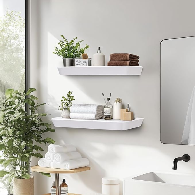 16"x6.8"x1.6" Slanted Floating Wall Shelves 2-Pack - Rustic White Finish, Heavy-Duty Solid Wood Design with Hidden Brackets - Perfect for Living Room, Kitchen, Bathroom, or Office-Ruum Studio Home