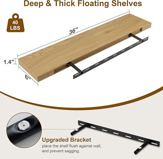 Fun Memories Floating Shelves 36 Inch Long, Deep Floating Shelf for Wall, 36 x 8 Floating Shelves Set of 2, 8 Inch Deep Wall Shelf for Living Room, Kitchen, Bedroom, Large Storage Shelves, Oak Color-Ruum Studio Home