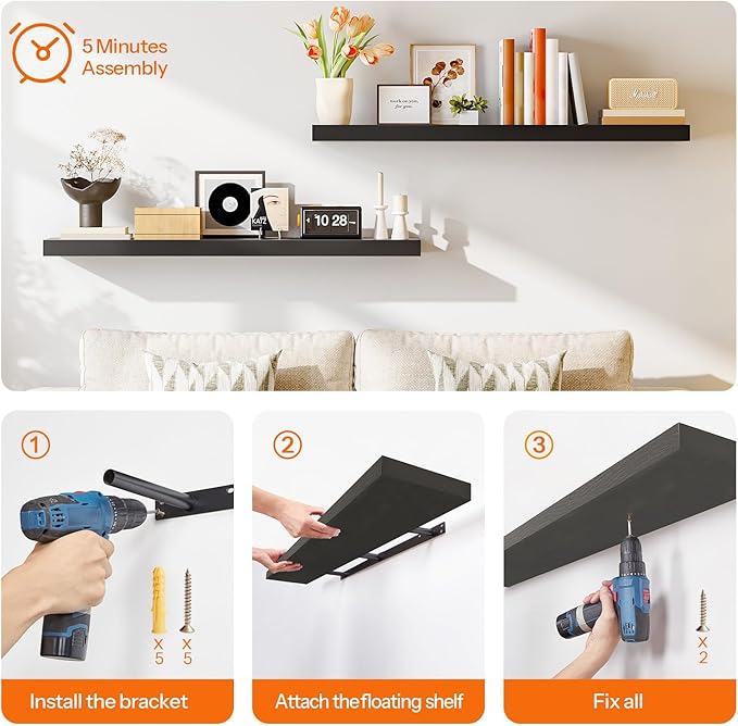 HOOBRO Floating Shelves for Wall, Wall Mounted Shelf Set of 2, 55" Hanging Shelf with Invisible Brackets, for Wall in Bathroom, Bedroom, Toilet, Kitchen, Living Room, Office, Black BK140BJP201-Ruum Studio Home