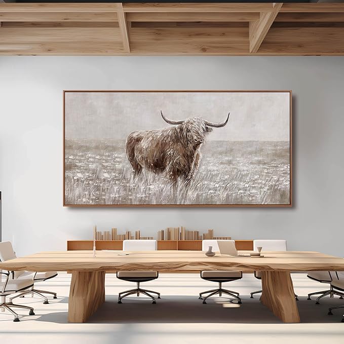 Farmhouse Highland Cow Wall Decor on Canvas with Framed Large Landscape Brown Artwork for Bedroom Living Room Office Decor 29x58 Inch-Ruum Studio Home