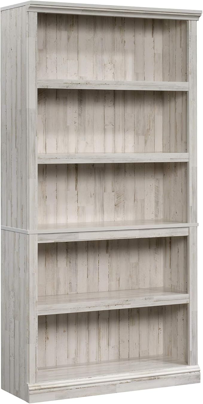 Sauder 5 Tier Book Shelf Wooden Bookcase Multipurpose Bookshelf for Home Office, Living Room, in White Plank-Ruum Studio Home