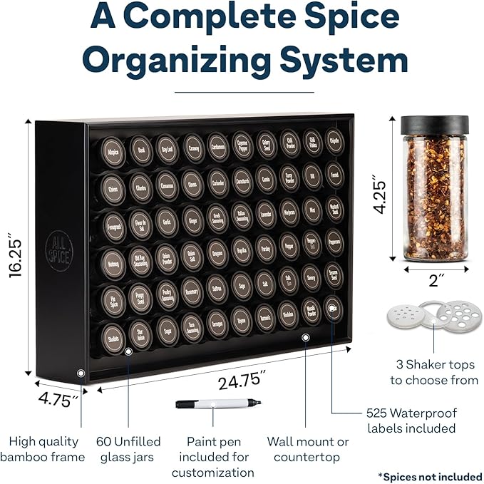 AllSpice Spice Rack Organizer, Wood, 525 Unique Labels, Countertop or Wall Mount, Includes 60 4oz Jars- Matte Black-Ruum Studio Home