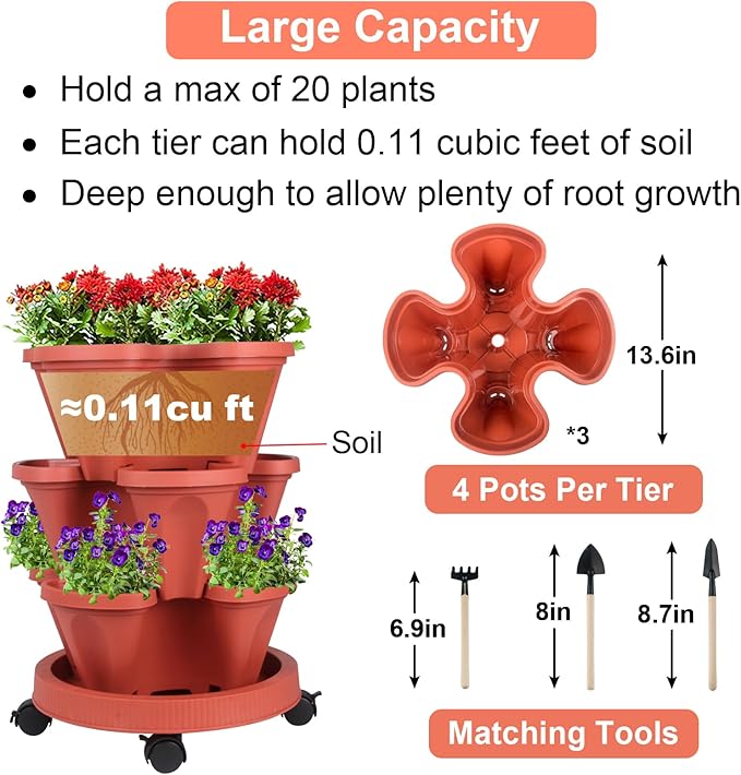 Vertical Planter 3 Tier Stackable Planters Garden Planters Strawberry Herb Flower and Vegetable Planter Indoor Outdoor Gardening Pots with Removable Wheels and Tools-Ruum Studio Home