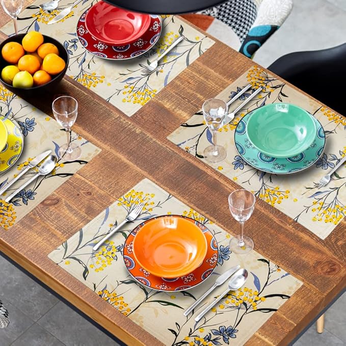 Floral Placemats Set of 4 Vintage Floral Summer Flowers Yellow Placemats for Kitchen Table Linen Placemats Washable Non-Slip Heat Resistant Place Mats for Party Kitchen Dining Decorations 18x12 Inch-Ruum Studio Home