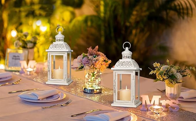 DECORKEY Lantern Decorative Indoor&Outdoor, 2 Pack 14.4'' Large Metal Candle Lanterns, Vintage Hanging Candle Holders for Farmhouse Wedding Front Porch Patio, Halloween Christmas Decorations for Home-Ruum Studio Home