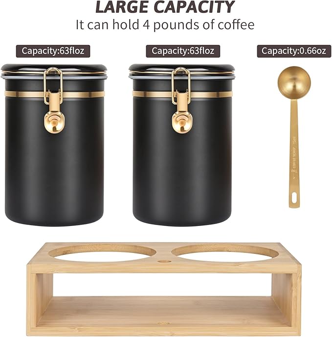 Yangbaga 304 Stainless Steel Coffee Canisters for Ground Coffee,2 x 63OZ Coffee Container with Shelf Coffee Bean Storage, Food Storage Jar with Gold Airtight Locking Clamp and Spoon for Kitchen-Ruum Studio Home