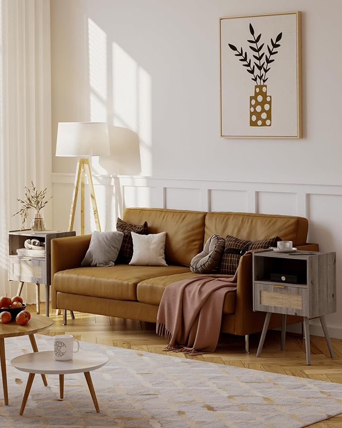 Rattan Nightstand,Modern Bedside Table with Storage Drawer and Open Wood Shelf, for Living Room, Bedroom and Small Spaces, Accent Night Stand with Solid Wood Legs, Easy Assembly(Grey Oak)-Ruum Studio Home