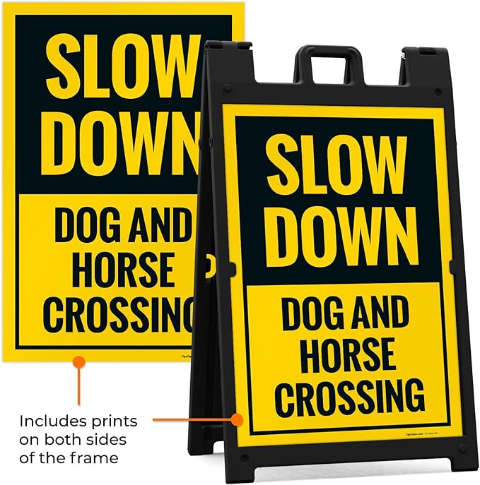 Slow Down Dog and Horse Crossing Sidewalk Sign Kit, 24x36 Inches, with A Frame Stand, Made in USA-Ruum Studio Home