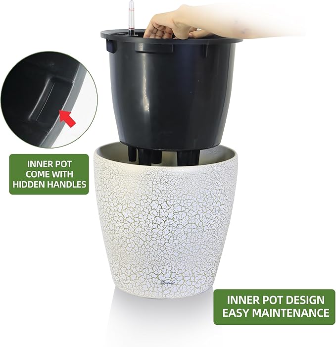 Dexceder 13x12 Self Watering Planter with Wheels Indoor Outdoor, Inner Pot Design, Thickened Large Floor Standing Flower Plant Pot with Water Level Indicator (White Gold Crackle)-Ruum Studio Home