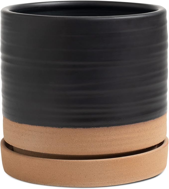6 Inch Plant Pots, Ceramic Planter Pot with Drainage Hole & Saucer, Indoor/Outdoor Cylinder Round Planter Pot, Matte Black & Brown-Ruum Studio Home