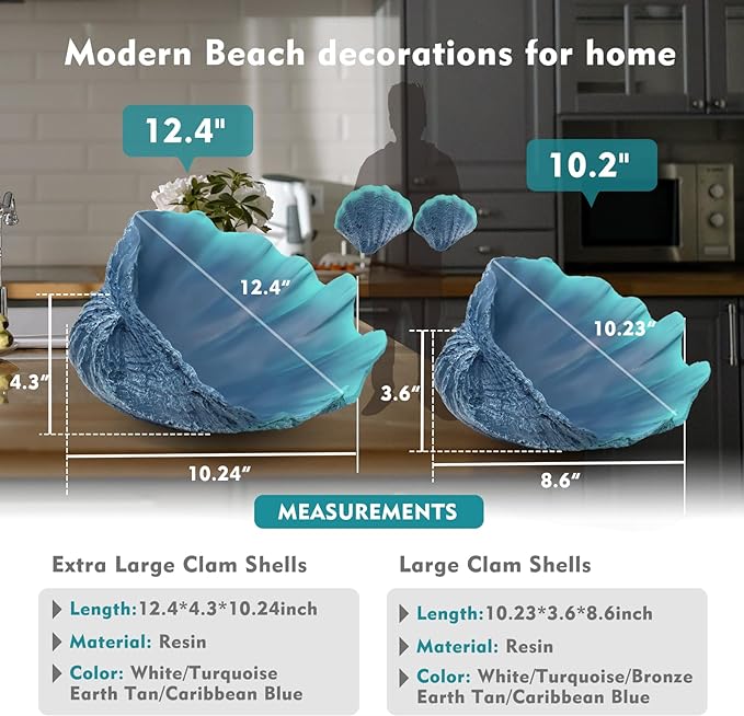 Large Caribbean Blue-Aqua Sea Shells Decorative Bowl Resin Clam Shell Bowl Beach Decorations for Home Coastal Beach Decor Decoration Storage Bowls&Home Office Nautical Themed Party Decor-10.2"-1PC-Ruum Studio Home