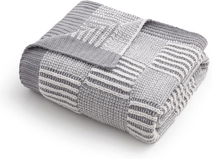 Amélie Home Chenille Knit Throw Blanket for Couch, Checkered Texture Decorative Soft Blanket for Sofa, Bed & Living Room, 50"x60", Grey & White-Ruum Studio Home
