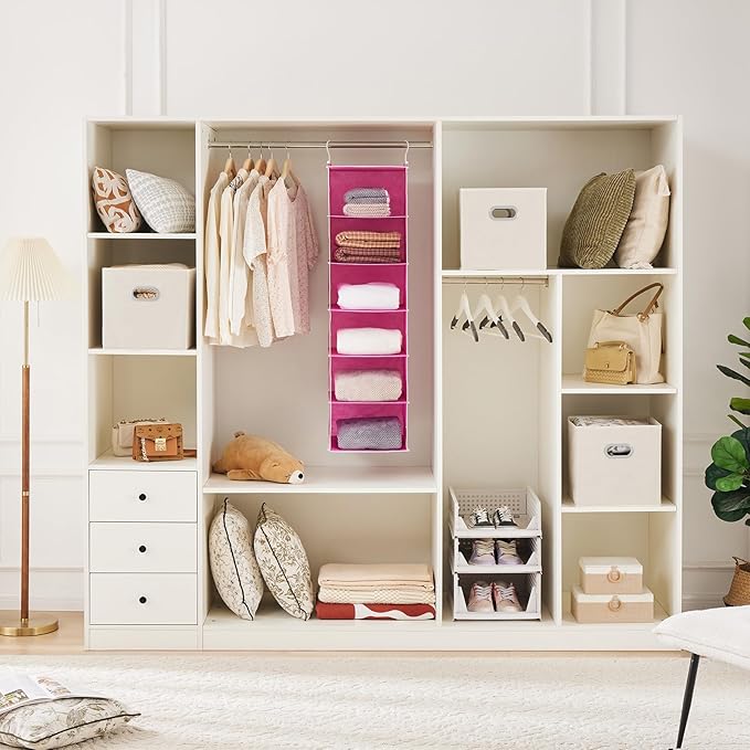 MAX Houser 6-Shelf Hanging Closet Organizer, Hanging Storage Shelves with 2 Sturdy Hooks Space-Saving for Bedroom, Foldable (Pink)-Ruum Studio Home