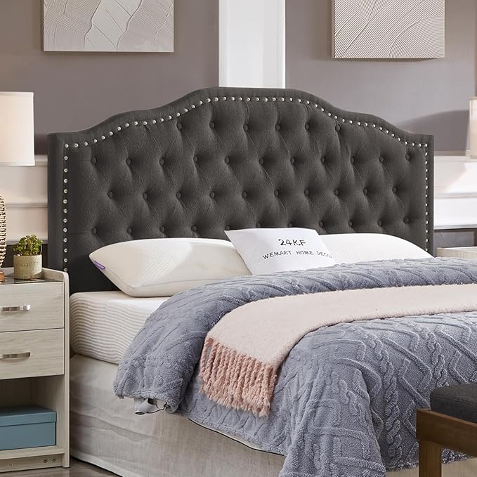 24KF Upholstered Button Tufted Queen Headboard with Nailhead Trim, Elegant Boucle Fabric Full headboard, 6031-Q-Boucle-Dark Gray-Ruum Studio Home