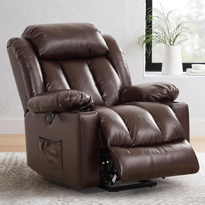 Power Lift Recliner Chair for Elderly Breathable Leather Recliner Chair with Massage and Heat for People Limited Mobility,2 Cup Holders,Electric Stand Assist,USB Ports,Gifts for Family (Brown)-Ruum Studio Home