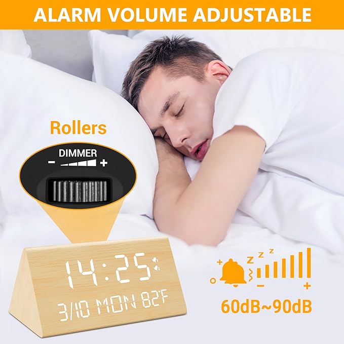Kogonee Wooden Digital Alarm Clock, 0-100% Dimmer, 2 Alarm Settings, Weekday/Everyday Mode, 9 Mins Snooze, 12/24H, Temperature and Date Display for Office, Travel, Bedroom Alarm Clock (Bamboo)-Ruum Studio Home
