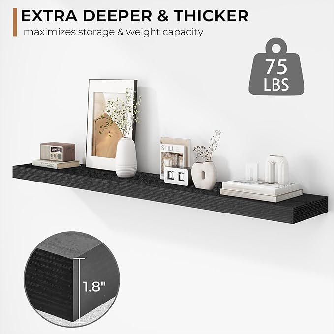 Fun Memories 48 Inch Floating Shelves - Fireplace Mantel Shelf - Deep Wall Mounted Wood Storage Shelf for Bedroom, Kitchen, Farmhouse - 1 Pack, Rustic Black-Ruum Studio Home