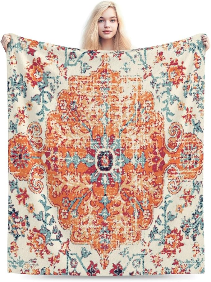 HGOD DESIGNS Carpet Pattern Throw Blanket Boho Style Ethnic Design Orange Blue Soft Blankets and Throws 50x60 Inch Caring for Women Men (130x150cm)-Ruum Studio Home