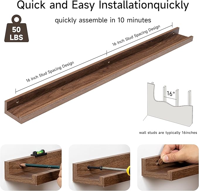 Fun Memories Picture Ledge Shelf, 36 Inch Floating Shelves Set of 2, Nursery Book Shelves for Toys Storage, Kids Bookshelf Wall Mounted for Wall Decor Books Photo Frames, Walnut-Ruum Studio Home