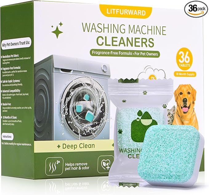 Washing Machine Cleaner Tablets – 36 Count, 18-Month Supply – Pet Hair & Odor Remover – Safe for Septic, Works with All Washers – Unscented – Washer Cleaner for Pet Owners-Ruum Studio Home