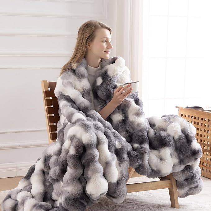 Cozy Faux Fur Throw Blanket for Couch-Warm Fuzzy Throw Blanket, Soft Plush Thick Bubble Blankets for Bedroom and Living Room, Furry Luxury Blanket, 50 x 60,Tie-Dye Grey-Ruum Studio Home