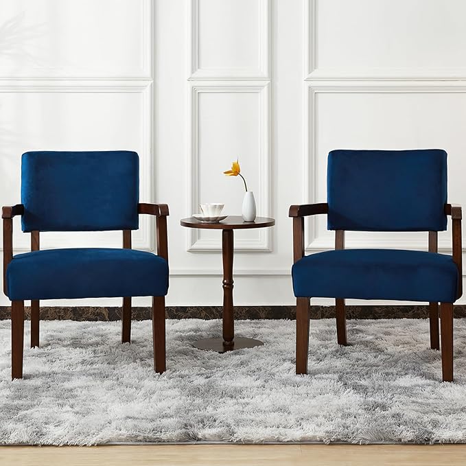Accent Chair Set of 2 with Table, Living Room Chairs with Velvet Soft Seat & Armrests for Living Room Bedroom Reading Room Waiting Room (Velvet Navy)-Ruum Studio Home