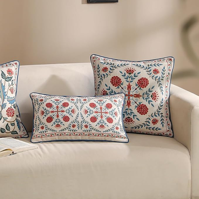 patdrea Designer Throw Pillow Covers Set of 4,Brilliant Vintage Red Tropical Linen with Floral Pattern Pillow Cover,Decorative Lumbar and Square Pillowcases Cushion for Bed Living Room Outdoor-Ruum Studio Home