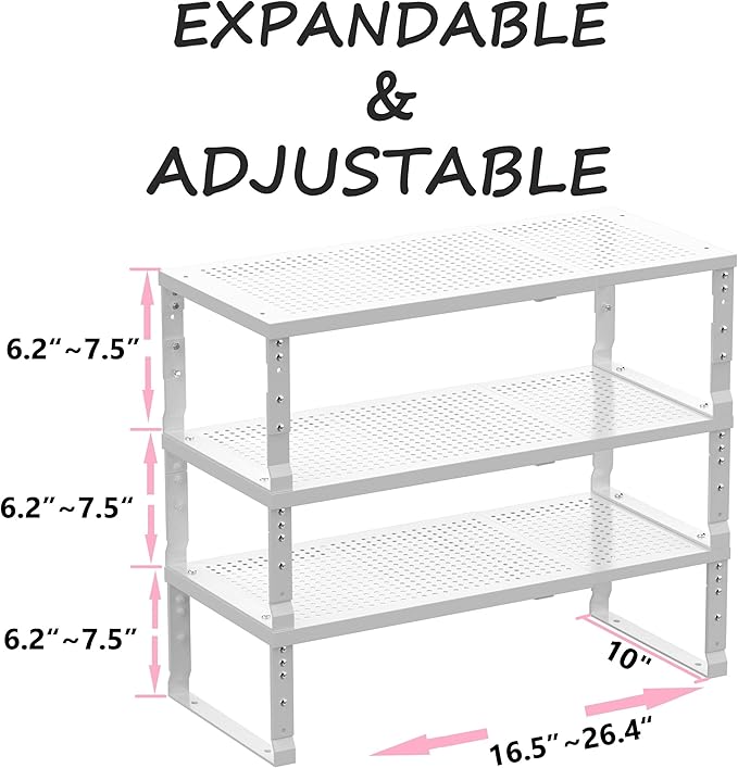 Metal Stackable Expandable Storage Shelf - Multi-Functional Home Storage Shelf, Suitable for Kitchen, Cabinet，Bathroom, Office, Garage, etc.（3PACKS/White/Large-Ruum Studio Home