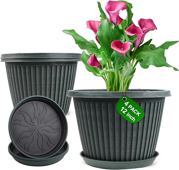 12 inch Plant Pots Indoor Outdoor, 4 Pack Large Planter, Plastic Flower Pots with Saucer and Drainage Holes, Modern Decorative Resin Garden Pots for House Plants-Ruum Studio Home