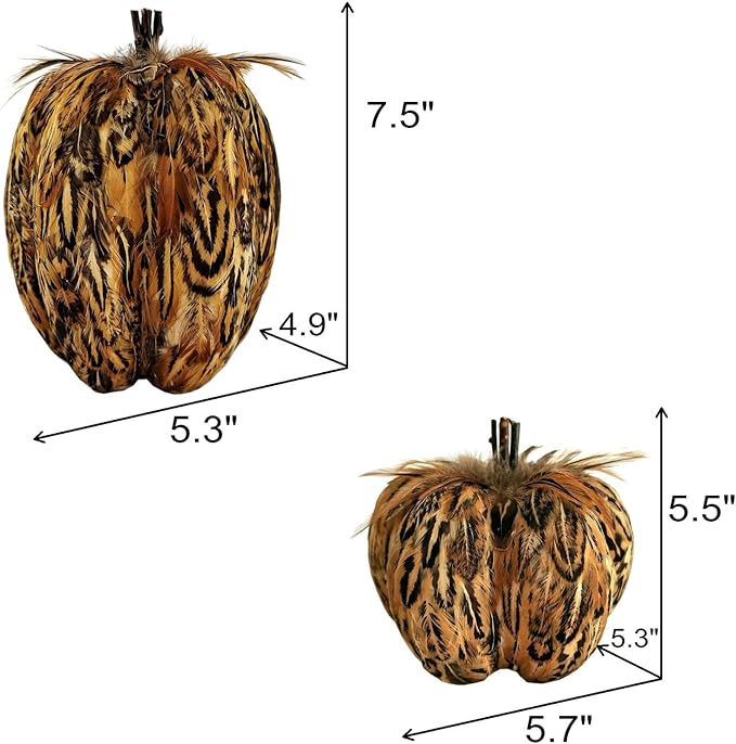 naturevibe 7.5/5.5 Inches Elegant Feathered Pumpkin Decor,Set of 2 Thanksgiving Decorations Natural Feather Pumpkins as Fall Home Decor,Centerpieces for Tables or Autumn Harvest Gifts-Ruum Studio Home