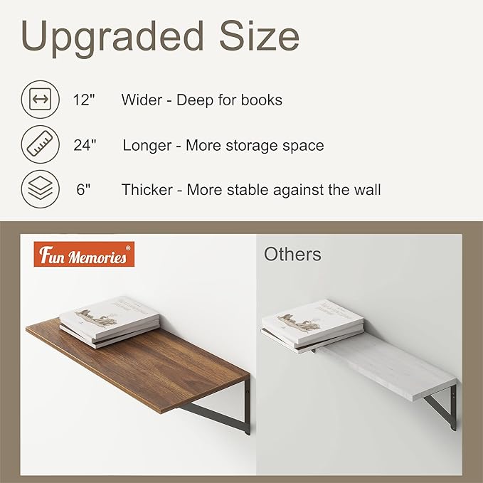 Deep Floating Shelves, 12 Inch Deep Floating Shelves for Wall, 24"W x 12"D Wall Shelves for Books, Large Rustic Wooden Shelf, Wide Display Shelf for Bathroom, Living Room, Walnut Color, Set of 2-Ruum Studio Home