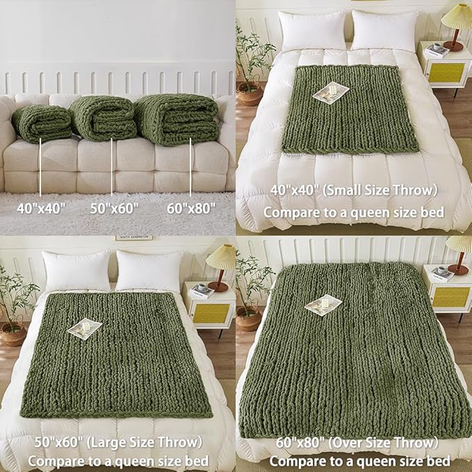 WESHIONGOO Chunky Knit Blanket Throw 40"×40" Knitted Throw Blankets for Couch Bed Fluffy Soft Blanket with Jumbo Chenille Yarn Thick 100% Handmade (Olive Green)-Ruum Studio Home